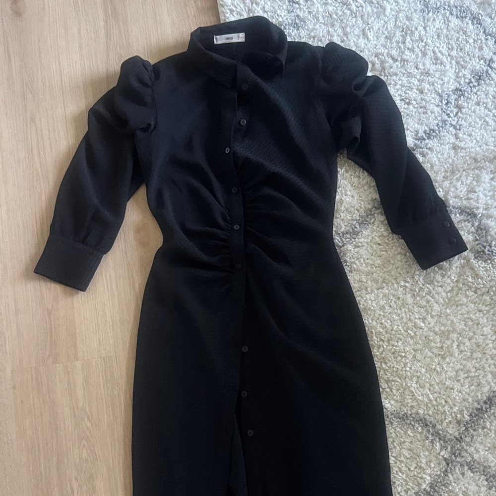 Black Long-Sleeve Midi Shirt Dress with Puff Shoulders